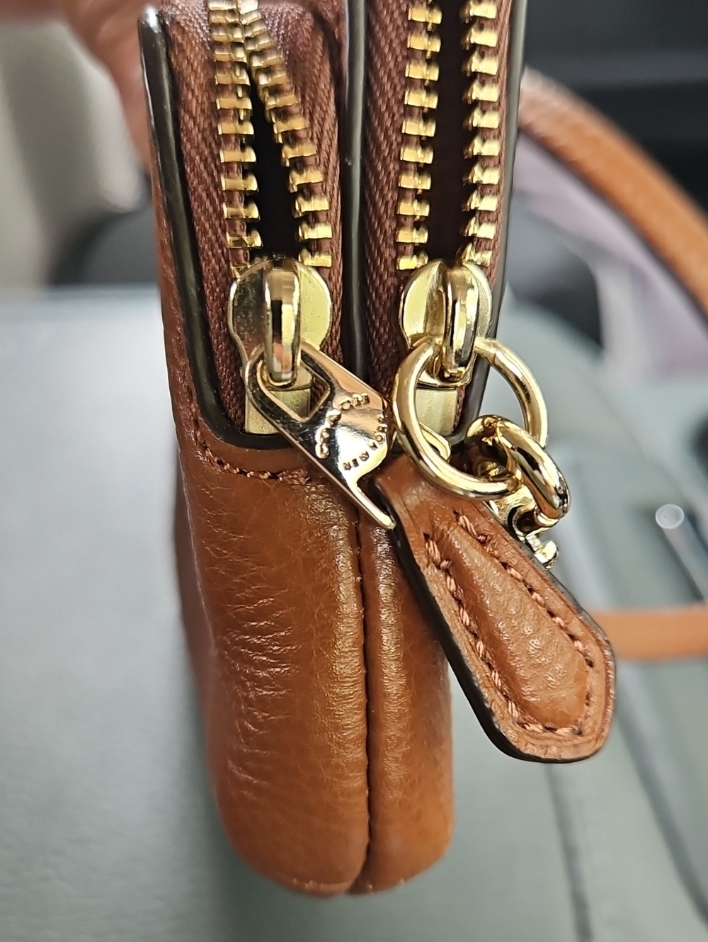 Coach Tan Pebbled Leather Double-Zip Wristlet with Gold Trim - Picture 4 of 12